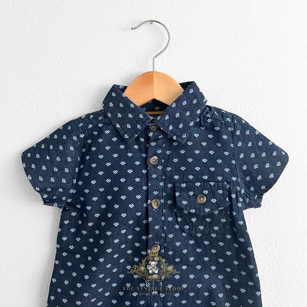 NWT Cute Boys Oxford Short Sleeve One-Piece Romper Shorts Navy Blue & White 9M - Picture 3 of 3